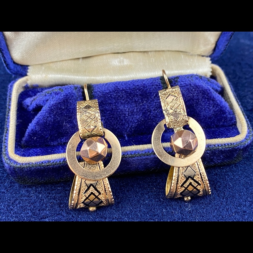 victorian 14k solid gold black enamel earrings